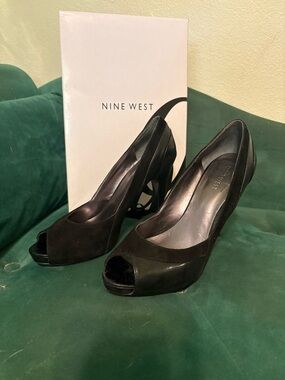 Nine West Black Suede & Patent Peep-Toe Heels
